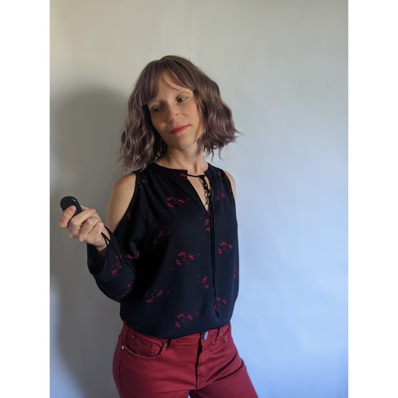 LOFT floral print cold shoulder. Long sleeve tie neck blouse, Navy & Red. sz M - Picture 9 of 12